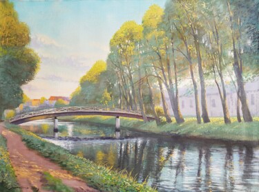 Painting titled "View with the river" by Romans Ivanovskis, Original Artwork, Oil