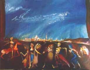 Schilderij getiteld "Theatre" door Romaya Puchman, Origineel Kunstwerk, Olie