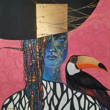 Painting titled "Lady with Parrot" by Romaya Puchman, Original Artwork, Acrylic