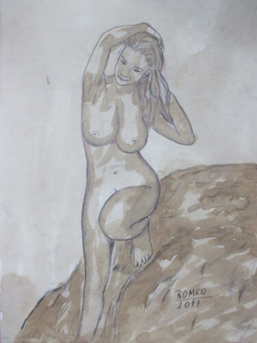 Dibujo titulada "MULHER NUA" por Romeo Zanchett, Obra de arte original, Tinta