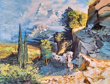 Painting titled "Le bon berger" by Romeo De Meva (Maître Susanoo), Original Artwork, Gouache