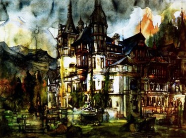 Painting titled "Peles Castle (water…" by Raileanu Romeo, Original Artwork, Oil