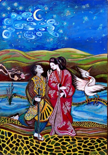 Malerei mit dem Titel "La Geisha e il Samu…" von Romina Rosati, Original-Kunstwerk, Acryl