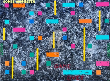 Schilderij getiteld "Pixel's game" door Romros, Origineel Kunstwerk, Acryl Gemonteerd op Frame voor houten brancard