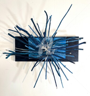 Painting titled "Blue Tree Twig" by Romros, Original Artwork, Wood Mounted on Wood Stretcher frame