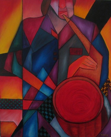Painting titled "Joueur de saxophone" by Romuald Canas Chico, Original Artwork, Oil