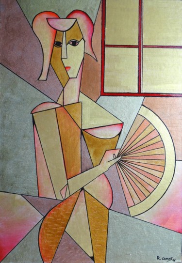 Malerei mit dem Titel "femme à l'éventail." von Romuald Canas Chico, Original-Kunstwerk, Öl