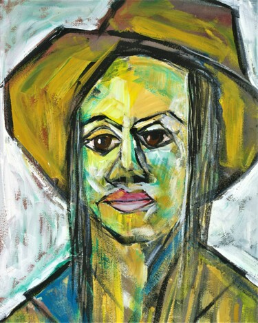 Painting titled "women in straw hat" by Ron Kammer, Original Artwork, Acrylic