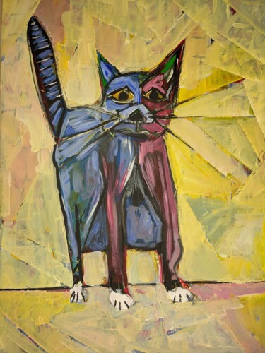 Painting titled "Cat with a yellow b…" by Ron Kammer, Original Artwork, Acrylic
