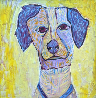 Painting titled "DOG with blue ears" by Ron Kammer, Original Artwork, Acrylic