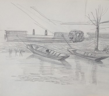 Disegno intitolato "Les barques" da Ronan Le Morvan, Opera d'arte originale, Matita