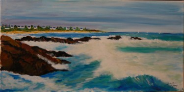 Painting titled "vagues sur rocher" by Dominique Rondeau, Original Artwork, Acrylic