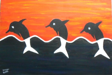 Painting titled "trois dauphins" by Dominique Rondeau, Original Artwork, Acrylic