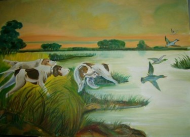 Painting titled "les canards" by Dominique Rondeau, Original Artwork, Oil Mounted on Wood Stretcher frame