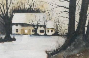 Painting titled "maison sous la neige" by Dominique Rondeau, Original Artwork, Oil