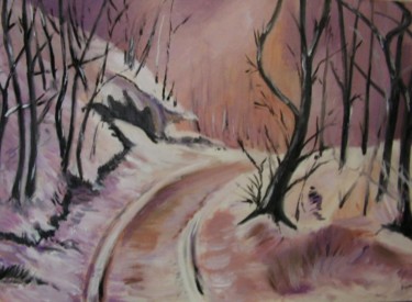 Painting titled "chemin eneige" by Dominique Rondeau, Original Artwork, Oil Mounted on Wood Panel