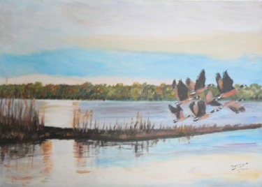 Painting titled "vol de canards" by Dominique Rondeau, Original Artwork, Acrylic