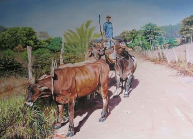 Peinture intitulée "Paisagem com carro…" par Rone Lacerda, Œuvre d'art originale
