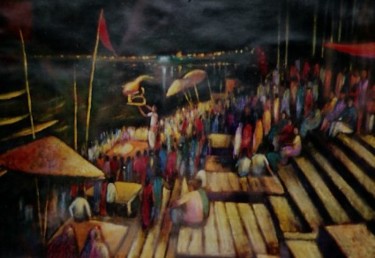 Painting titled "Ganga Aarti ( Benar…" by Ronin, Original Artwork, Oil