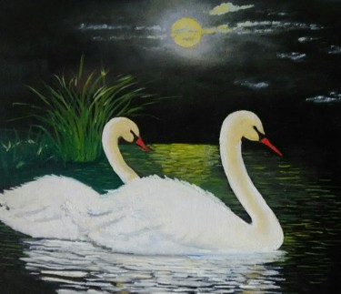 Pintura intitulada "Два лебедя" por Olga Reshetnikova, Obras de arte originais, Óleo