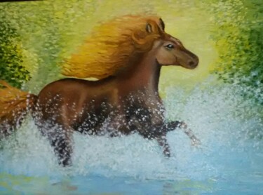 Картина под названием "лошадь на реке" - Olga Reshetnikova, Подлинное произведение искусства, Масло