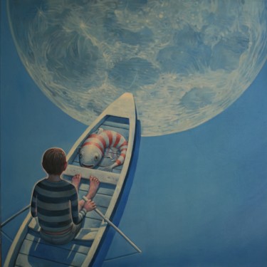 Malerei mit dem Titel "Fish and loon over…" von Rory Mitchell, Original-Kunstwerk, Öl