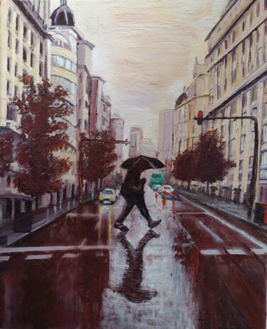 Painting titled "Lluvia en Madrid" by Rosa M Fernández, Original Artwork, Oil Mounted on Wood Stretcher frame