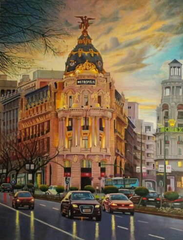 Painting titled "Madrid, Metrópolis" by Rosa M Fernández, Original Artwork, Oil Mounted on Wood Stretcher frame