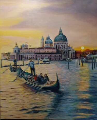Painting titled "Puesta sol Venecia" by Rosa M Fernández, Original Artwork, Oil Mounted on Wood Stretcher frame