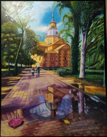 Painting titled "Lluvia Basílica del…" by Rosa M Fernández, Original Artwork, Oil Mounted on Wood Stretcher frame