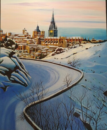 Painting titled "Toledo nevado" by Rosa M Fernández, Original Artwork, Oil Mounted on Wood Stretcher frame