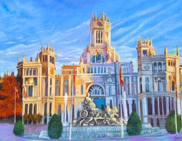 Painting titled "Plaza Cibeles" by Rosa M Fernández, Original Artwork, Oil Mounted on Wood Stretcher frame