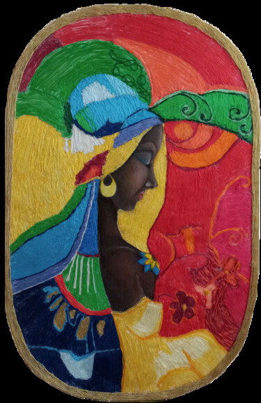 Textile Art με τίτλο "MADAME" από Rosa Maria Protopapa, Αυθεντικά έργα τέχνης, Νήμα Τοποθετήθηκε στο Χαρτόνι