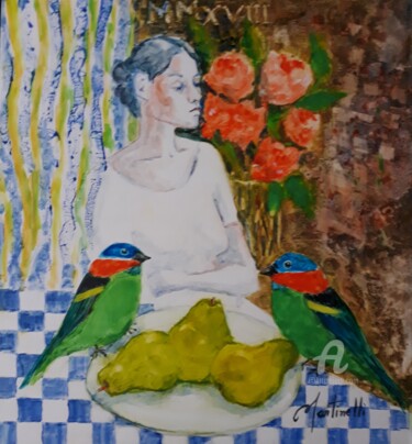 Malerei mit dem Titel "MOÇA COM SAÍRAS" von Rosa Martinelli, Original-Kunstwerk, Aquarell Auf Keilrahmen aus Holz montiert