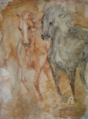 Painting titled "Dois Cavalos" by Rosa Martinelli, Original Artwork, Watercolor