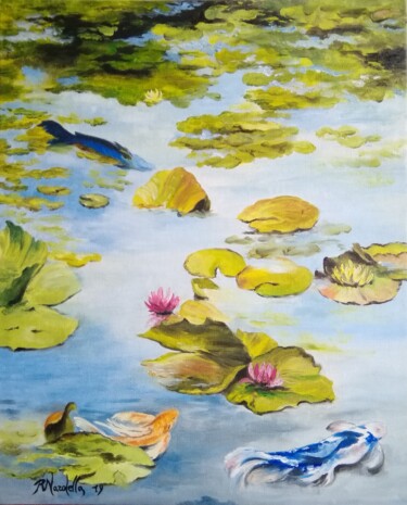 Картина под названием "Ninfee e pesci" - Rosa Nardella, Подлинное произведение искусства, Масло