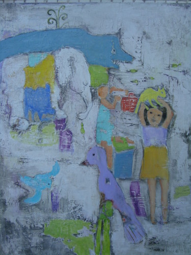 Schilderij getiteld "O Elefante Branco" door Rosa Hollmann, Origineel Kunstwerk, Olie