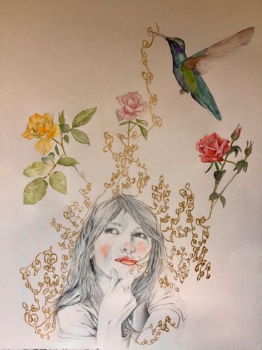 Dessin intitulée "De tes cheveux, la…" par Rosa Mujal Closa, Œuvre d'art originale, Aquarelle