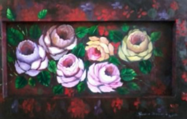 Pintura intitulada "Rosas em fundo verm…" por Iadanza, Obras de arte originais