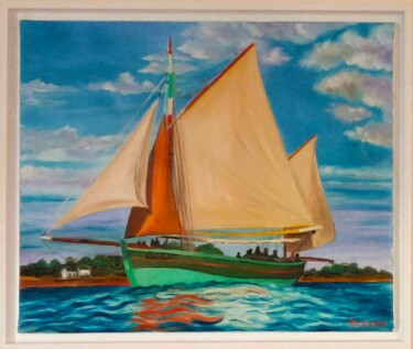 Painting titled ""La Voile Rouge"" by Rosann, Original Artwork, Oil Mounted on Wood Stretcher frame