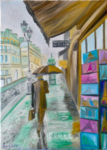 Pittura intitolato ""Rain in Paris"" da Rosann, Opera d'arte originale, Olio Montato su Telaio per barella in legno