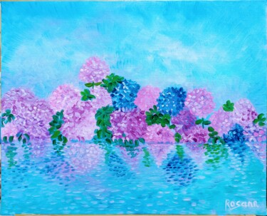 Painting titled ""Reflets d'Hortensi…" by Rosann, Original Artwork, Oil Mounted on Wood Stretcher frame