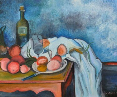 Painting titled ""Bleu de Cézanne"" by Rosann, Original Artwork, Oil Mounted on Wood Stretcher frame