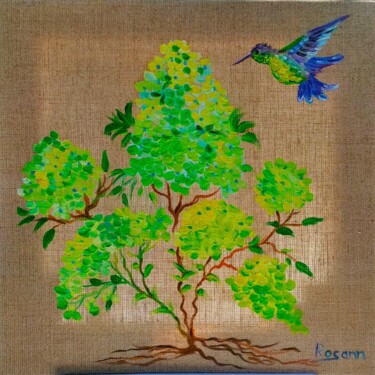 Painting titled "Le Colibri" by Rosann, Original Artwork, Oil Mounted on Wood Stretcher frame