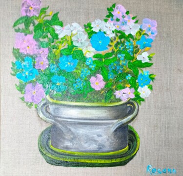 Painting titled "Bouquet de Myosotis" by Rosann, Original Artwork, Oil