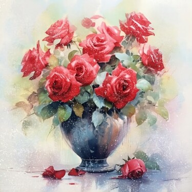 Digital Arts titled "Bouquet of red roses" by Rosanna Moniaci, Original Artwork, Digital Painting Mounted on Wood Stretcher…