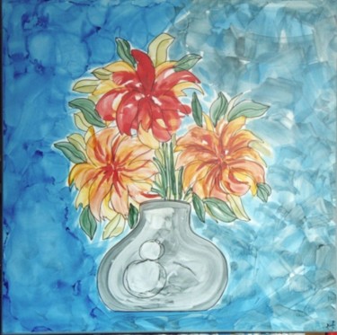 Pintura titulada "Flores sobre fondo…" por Rosa Maria Maldonado Guerrero "Azul", Obra de arte original, Oleo