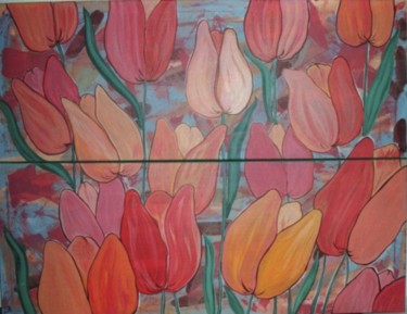 Pintura titulada "Tulipanes" por Rosa Maria Maldonado Guerrero "Azul", Obra de arte original, Oleo