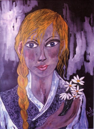 Pintura titulada ""Mujer con Flor"" por Rosa Maria Maldonado Guerrero "Azul", Obra de arte original, Oleo