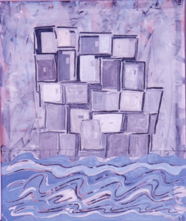 Pintura titulada ""Pueblo sobre el Ma…" por Rosa Maria Maldonado Guerrero "Azul", Obra de arte original, Oleo